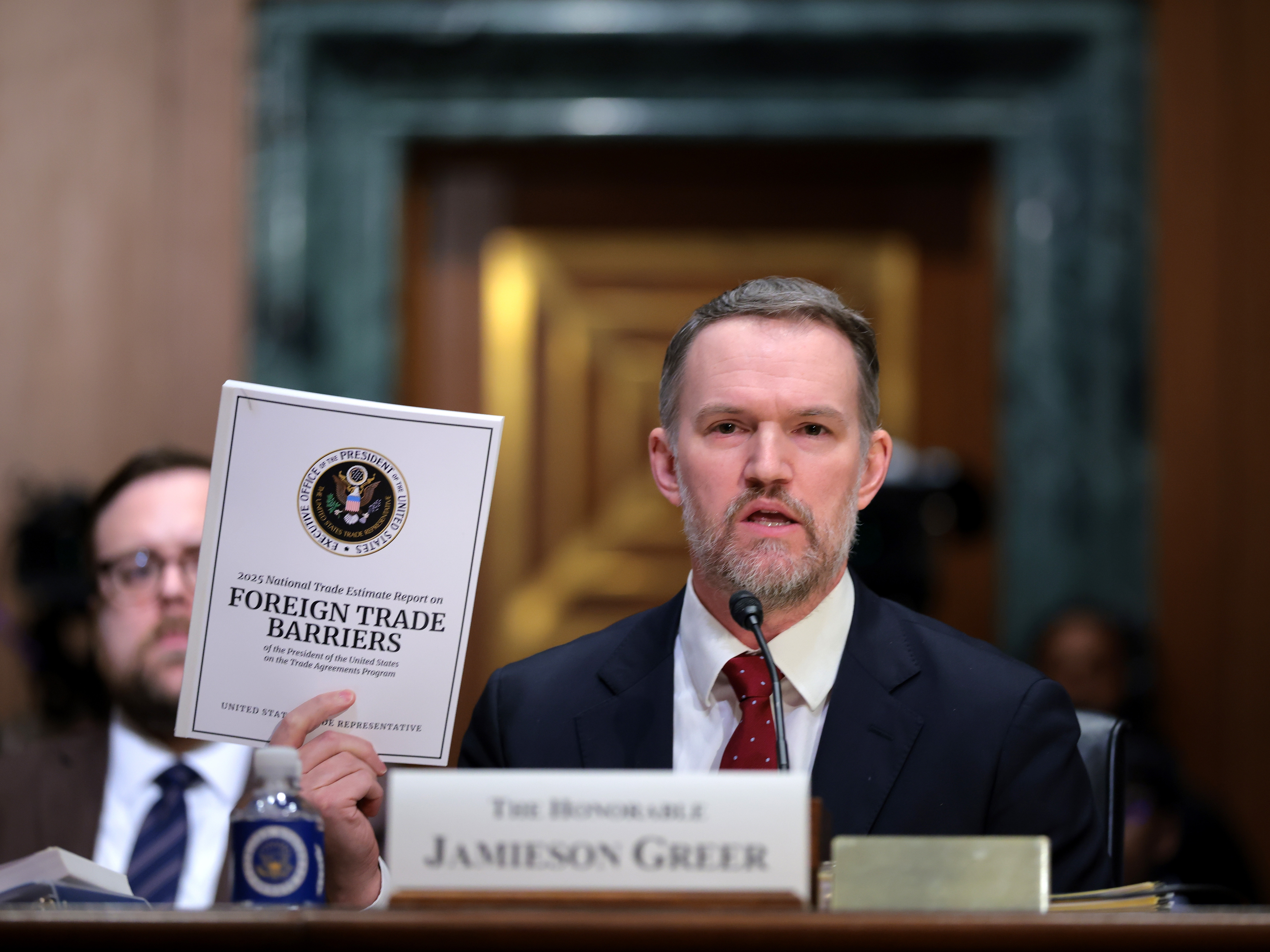 caption: U.S. trade representative Jamieson Greer testifies before the Senate Finance Committee on April 8. Greer testified on President Trump's 2025 trade policy agenda.