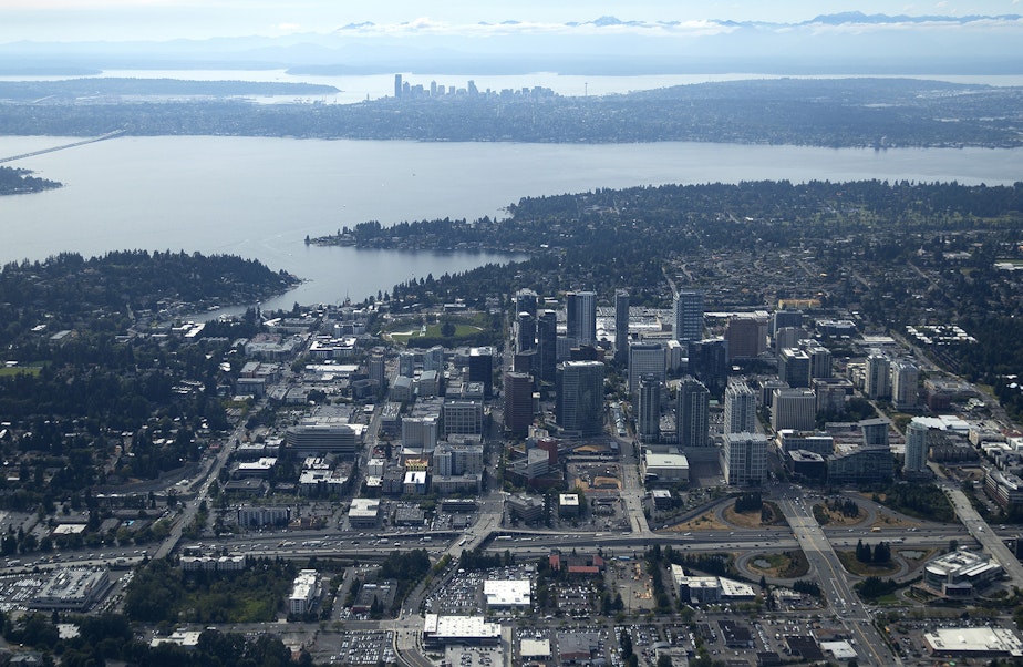 caption: Bellevue and Seattle are separated by Lake Washington. Soon they will be connected by light rail.