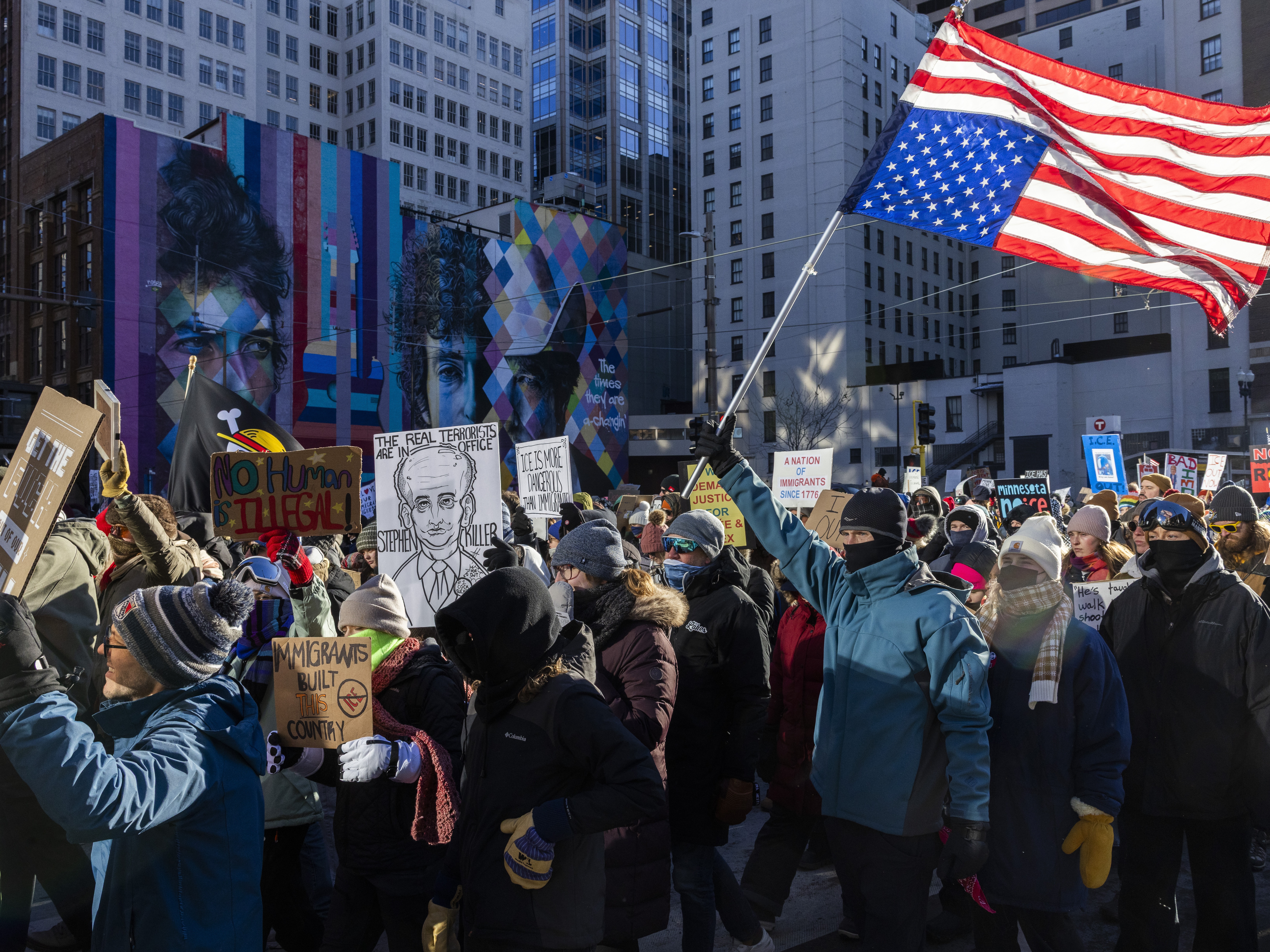 caption: Thousands marched through downtown Minneapolis on Friday for a second consecutive week, calling for an end to Operation Metro Surge, which has led to a significant increase in the presence of Immigration and Customs Enforcement and U.S. Border Patrol agents in Minnesota.