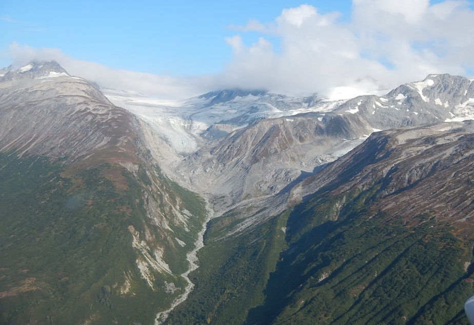 caption: Receding glaciers and newly exposed earth in Alaska's Lake Clark National Park