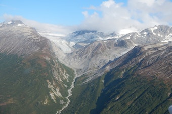 caption: Receding glaciers and newly exposed earth in Alaska's Lake Clark National Park
