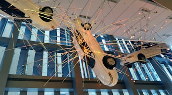 caption: 'Inopportune: Stage One' by Chinese contemporary artist Cai Guo-Qiang is leaving Seattle Art Museum's lobby soon.