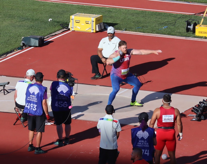 caption: Oregon native Ryan Crouser won the gold medal in shot put at the 2022 World Track and Field Championships in Eugene.