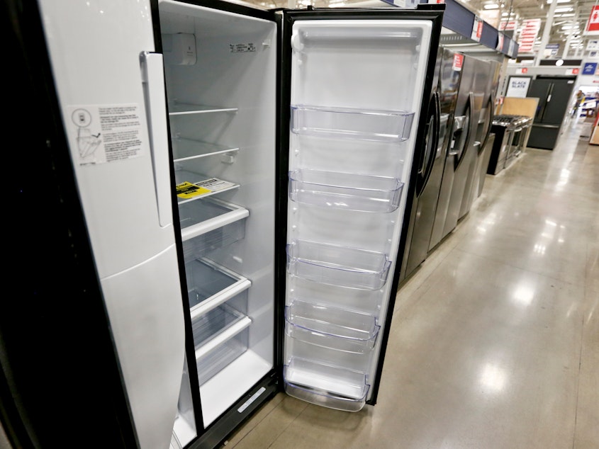 caption: Refrigerators on sale in 2018 in Pennsylvania. The Environmental Protection Agency is planning to phase out the use of cooling chemicals that are powerful greenhouse gases.
