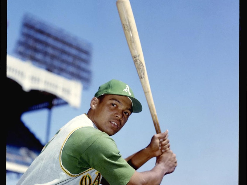 caption: BRONX, NY - 1968: Reggie Jackson of the Oakland Athletics poses an action portrait at Yankee Stadium in Bronx, New York in 1968. (Photo by Louis Requena /MLB via Getty Images)
