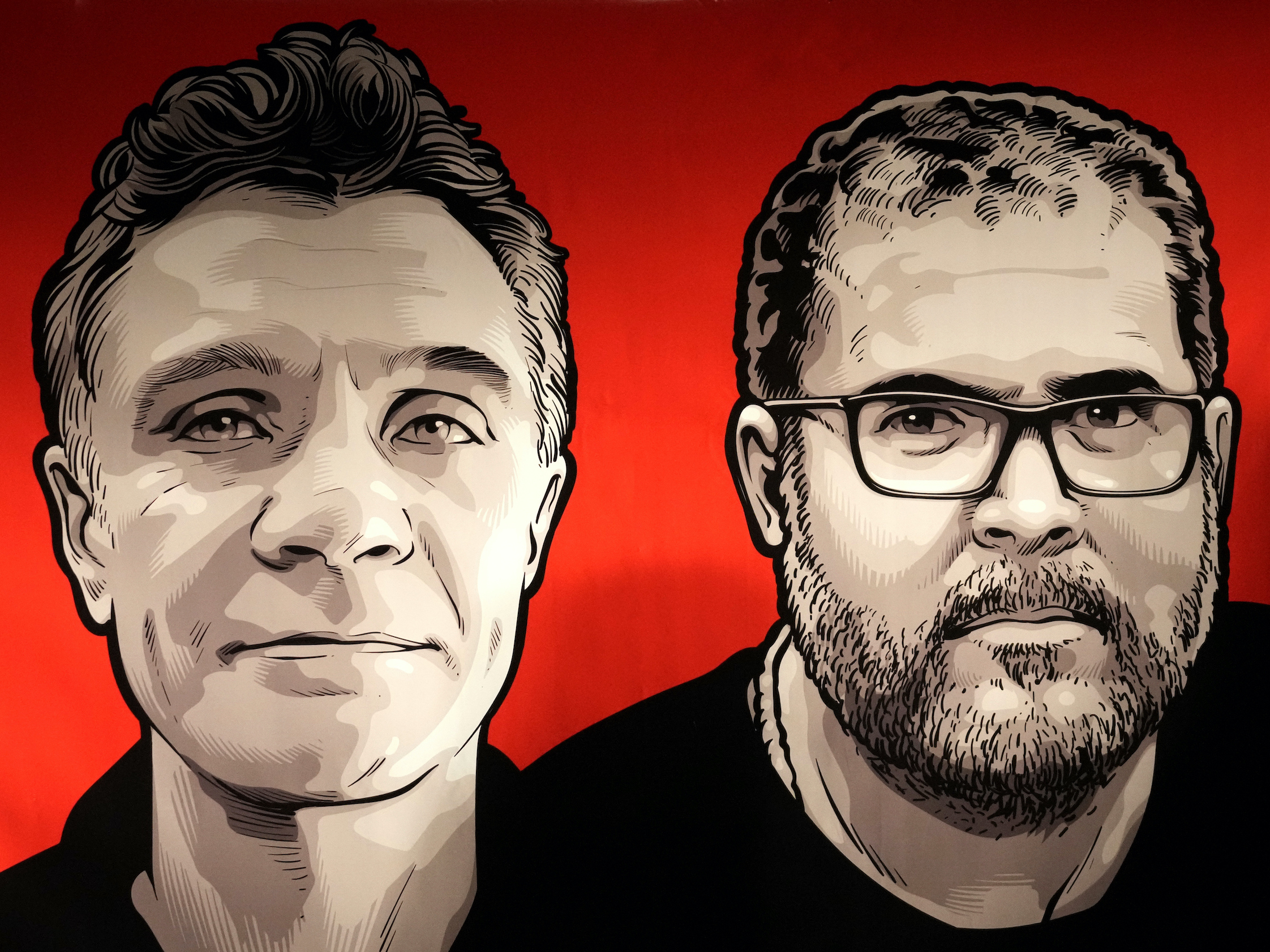 caption: Images of British journalist Dom Phillips (left) and Indigenous affairs expert Bruno Pereira are seen on a sign presented by employees of Brazil's national Indigenous agency, FUNAI, during a vigil in Brasilia, Brazil, on June 9.