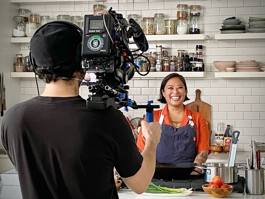 caption: Melissa Miranda, chef owner of Musang, videotaping a segment for Bon Appetit's Test Kitchen.  