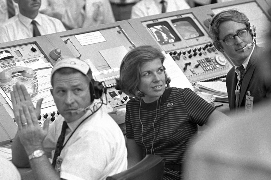 caption: In this July 16, 1969 photo provided by NASA, JoAnn Morgan watches from the launch firing room during the launch of Apollo 11 in Cape Canaveral, Fla. Morgan, who worked on the Apollo 11 mission in 1969, went on to become the Kennedy Space Center's first female senior executive. She retired in 2003. 