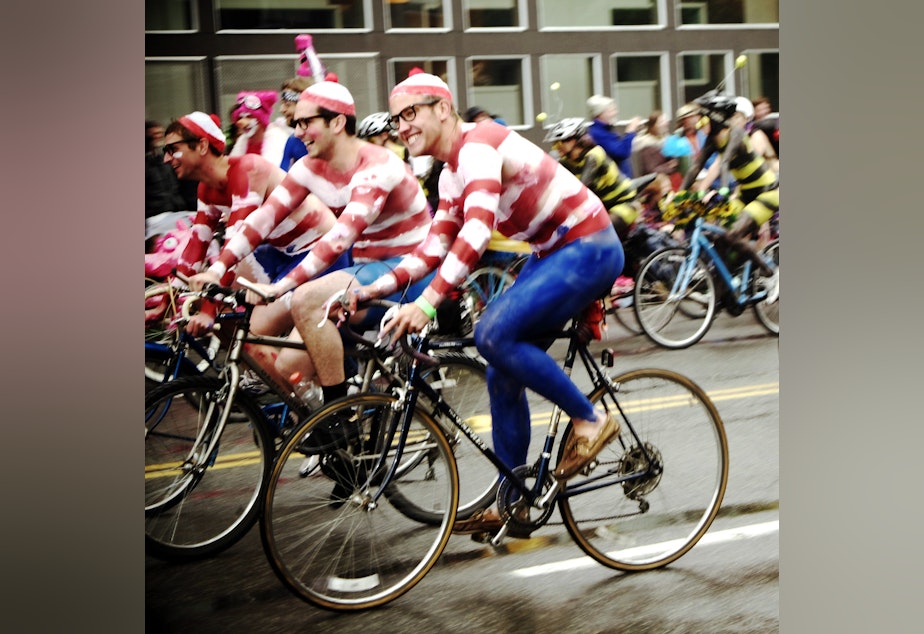 caption: Bikers at the Fremont Solstice Parade have helped you find Waldo en masse.