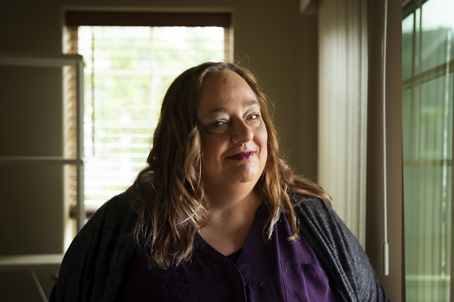 caption: Beckie Hill is portrayed at her home on Wednesday, June 21, 2023, in Everett. 