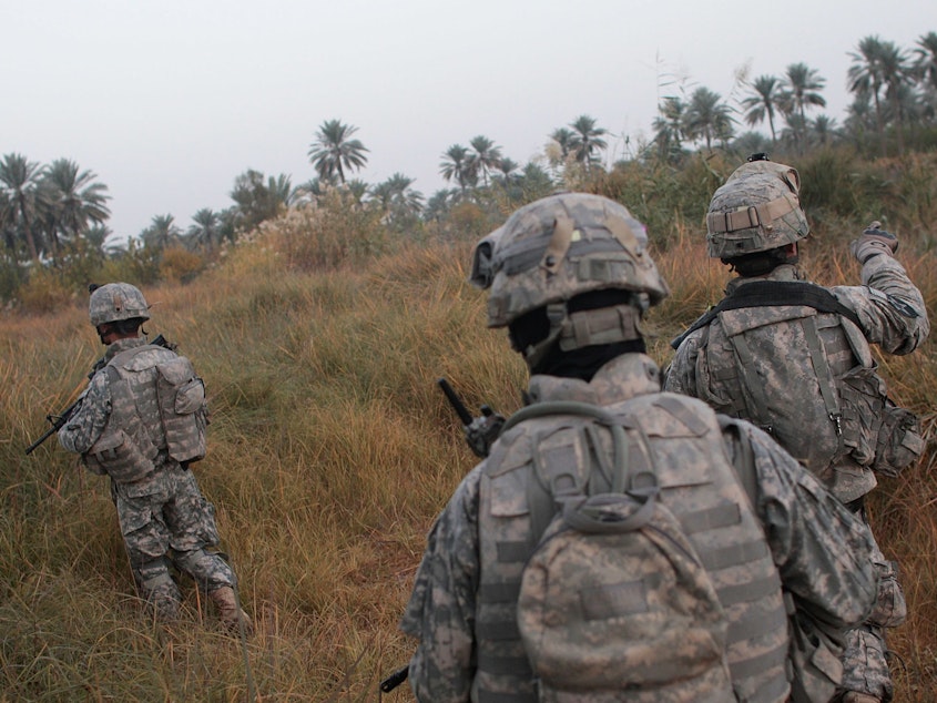 caption: U.S. soldiers traverse fields on the way to conducting house-to- house searches in 2007 in Mukhisa, Iraq.