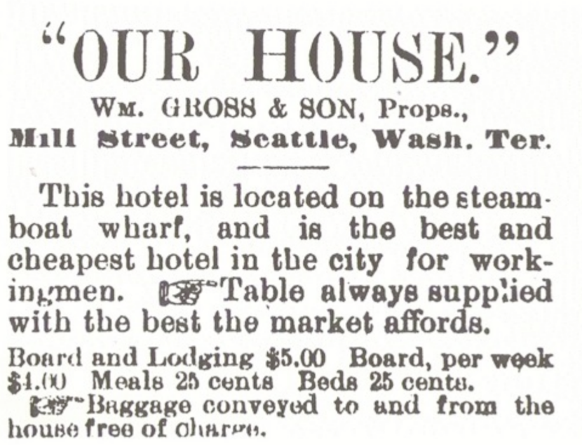 caption: An advertisement in the Seattle Post-Intelligencer in 1883 for William Grose's hotel in what is now downtown Seattle.