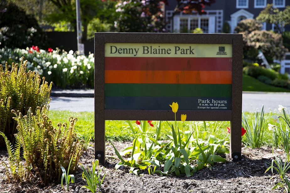 caption: A sign for Denny Blaine Park is shown on Friday, April 19, 2024, in Seattle. 