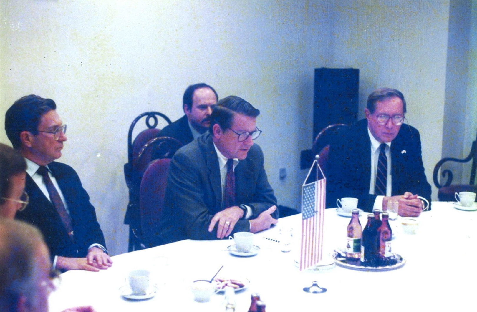 caption: Judge William Webster, CIA director, on the first trip of a CIA director to Eastern Europe in November of 1990, after the exfiltration operation.William Webster is in the center of the picture. (Courtesy)