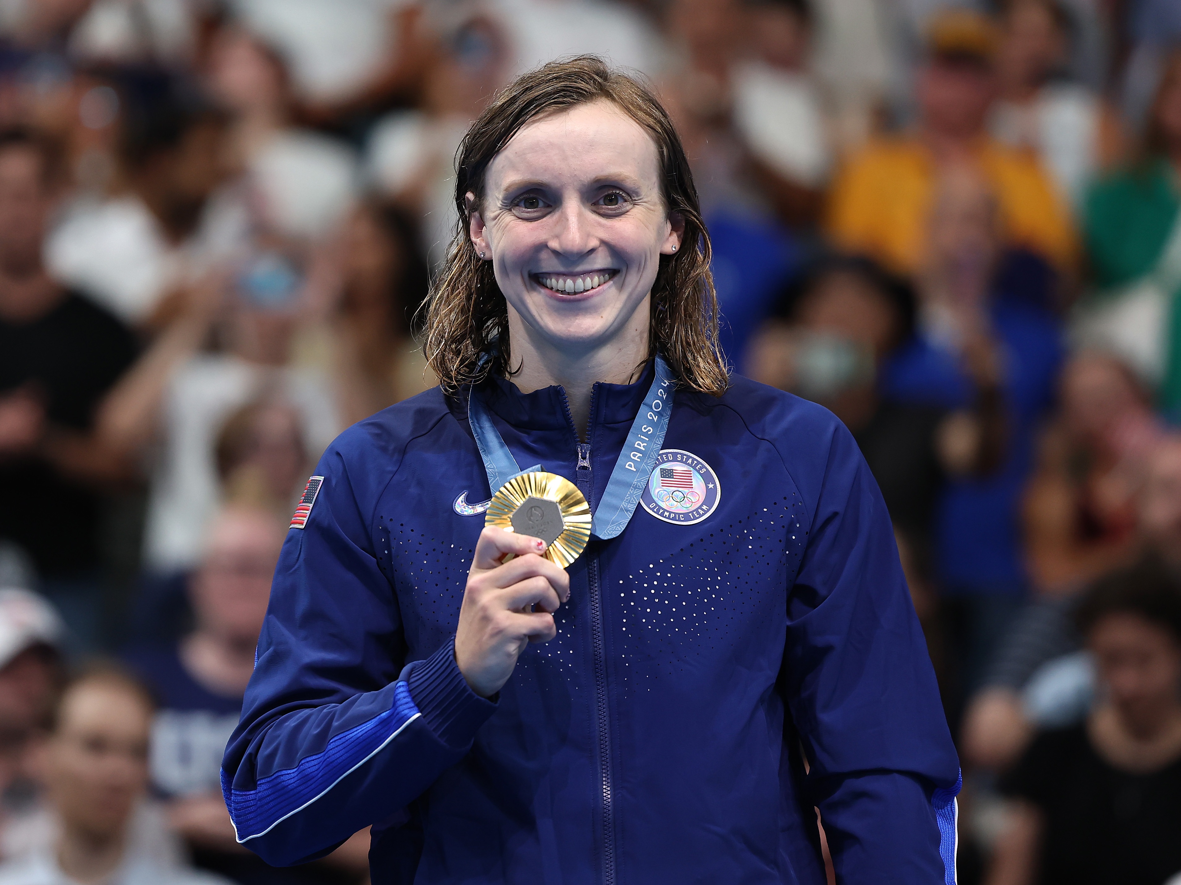 caption: Katie Ledecky scored two of America's forty Olympic gold medals in the Paris Summer Games.  The U.S. tied with China for the most gold, but the U.S. dominated the overall count with 126 medals.