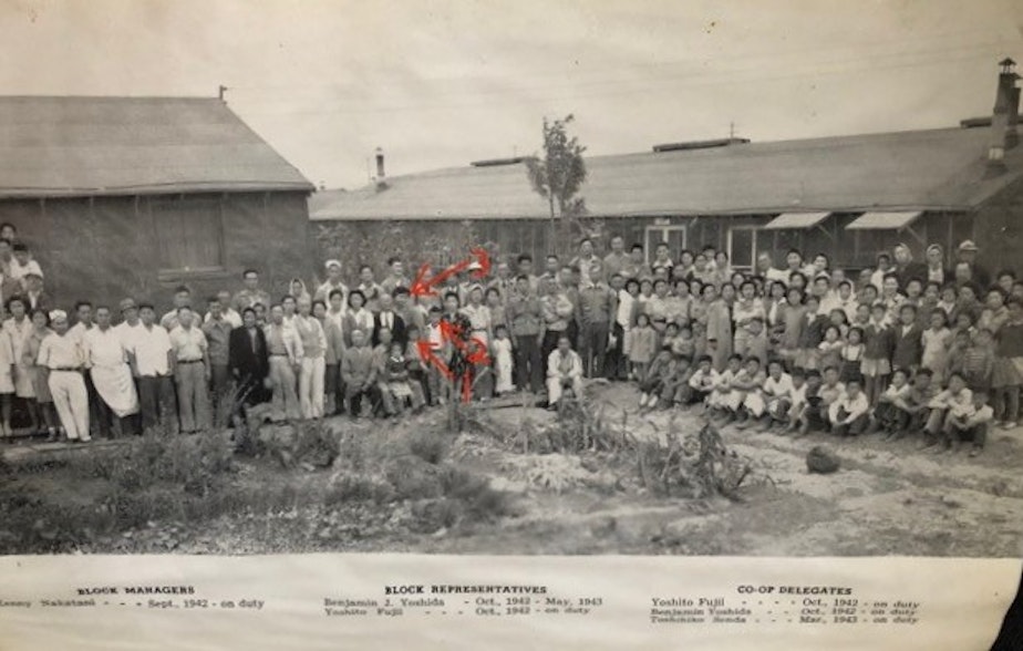 caption: The Minidoka War Relocation Center in Idaho where Kenji Ima and his family were held for three years. Kenji, his mother Mary and his brother Paul are outlined in red