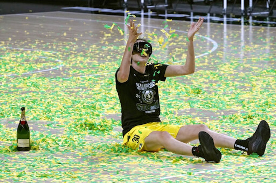 caption: Seattle Storm forward Breanna Stewart celebrates after the team won basketball's WNBA Championship Tuesday, Oct. 6, 2020, in Bradenton, Fla. 