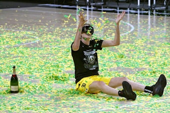 caption: Seattle Storm forward Breanna Stewart celebrates after the team won basketball's WNBA Championship Tuesday, Oct. 6, 2020, in Bradenton, Fla. 