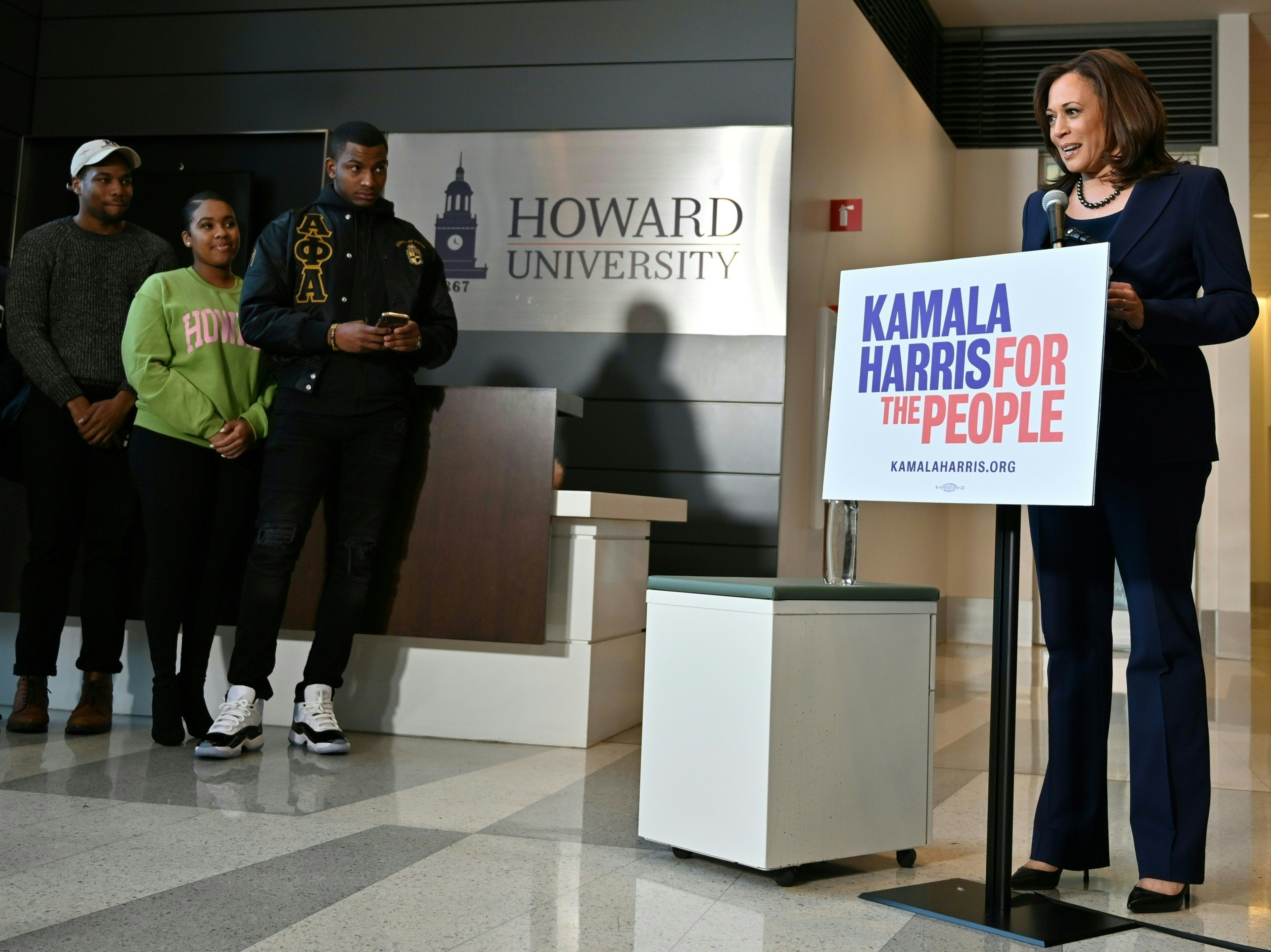 Sen. Kamala Harris, D-Calif., addresses the media on Jan. 21, 2019, at Howard University in Washington, D.C., after announcing earlier in the day that she is seeking to become the first African American woman to hold the office of U.S. president.