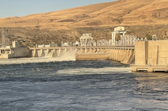 caption: The Rock Island Dam, on the Columbia River near Wenatchee, is one of 10 Washington dams that Okanagan Chinook salmon must swim past to reach their Canadian spawning grounds. July 2022 photo.