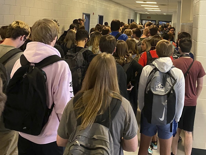 caption: Officials at North Paulding High School in Dallas, Ga have suspended in-person learning for at least two days following a cluster of virus cases was discovered at the school. Above a crowd of students packs a hallway on Aug. 4.