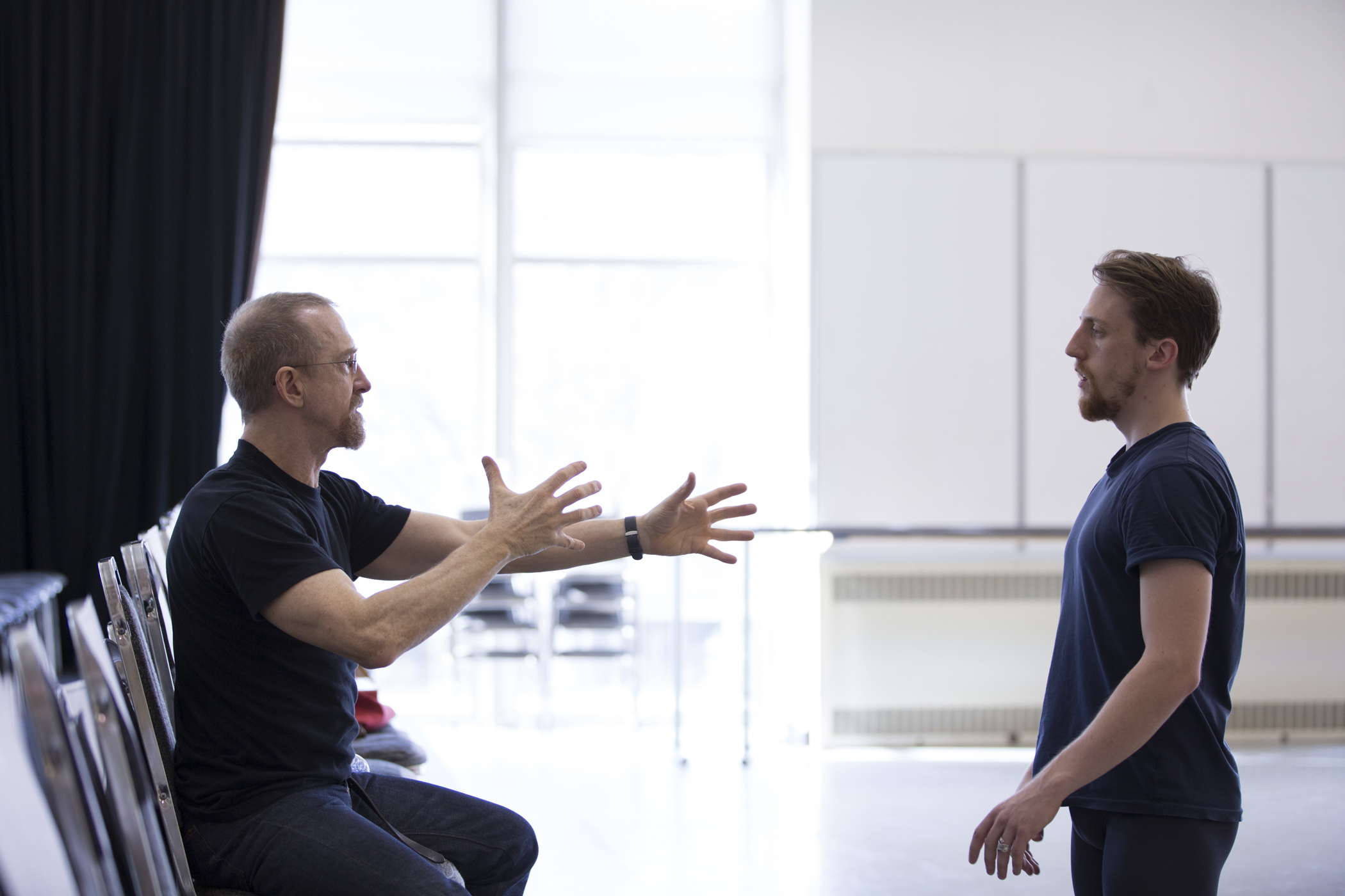 caption: Choreographer William Forsythe, left, with Pacific Northwest Ballet corps de ballet member Ezra Thomson