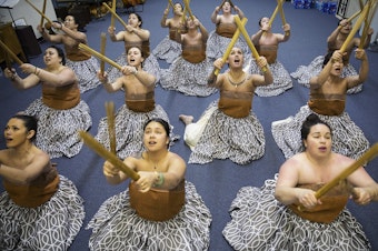 caption: Dancers practice the traditional Kahiko dance that they will perform at the Merrie Monarch Festival, on Thursday, March 22, 2018, at the halau in Federal Way. Tap or click on the first image to see more. 