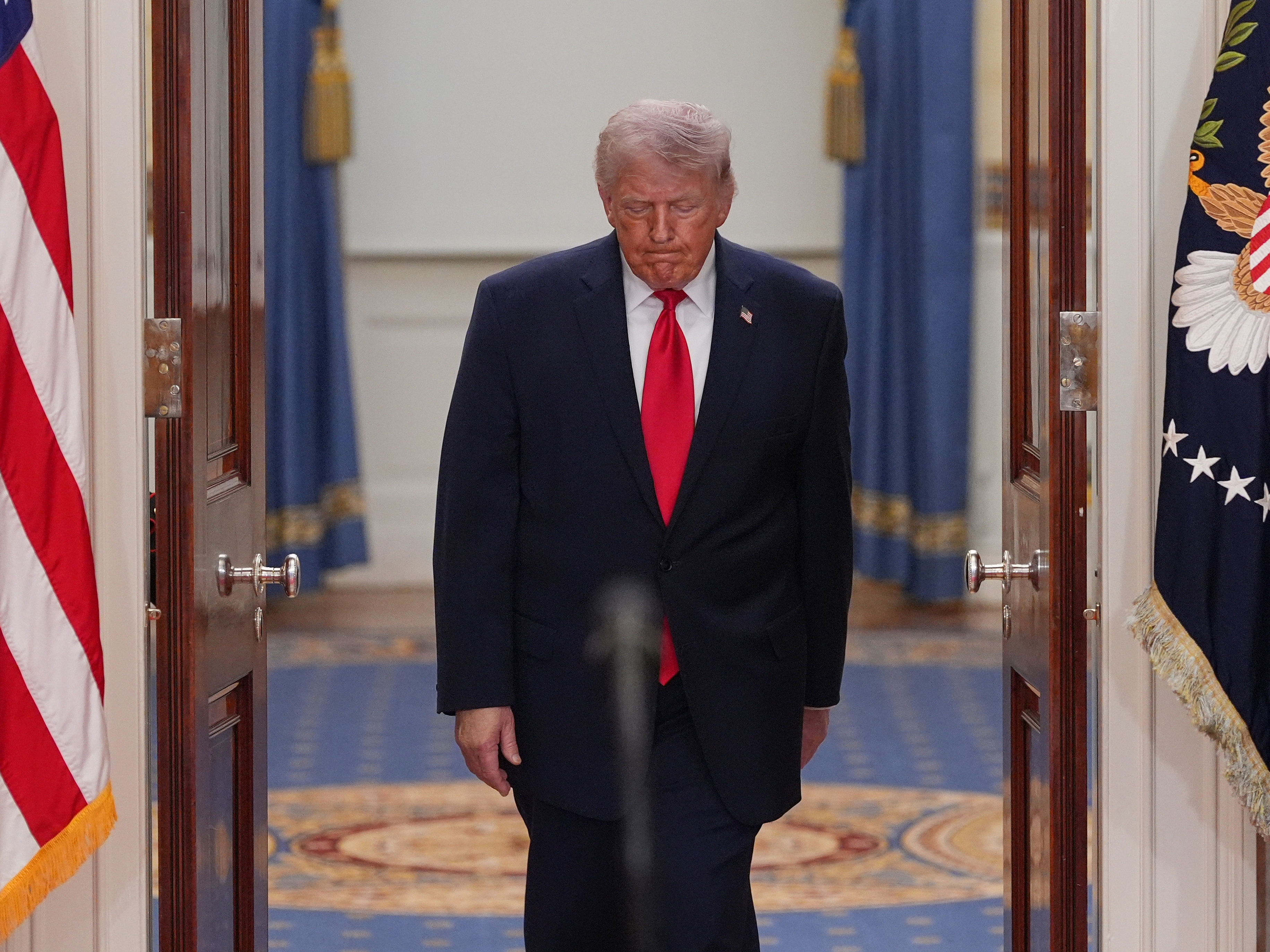 caption: President Donald Trump arrives to speak about the Iran war from the Cross Hall of the White House on Wednesday, April 1, 2026, in Washington. (AP Photo/Alex Brandon, Pool)
