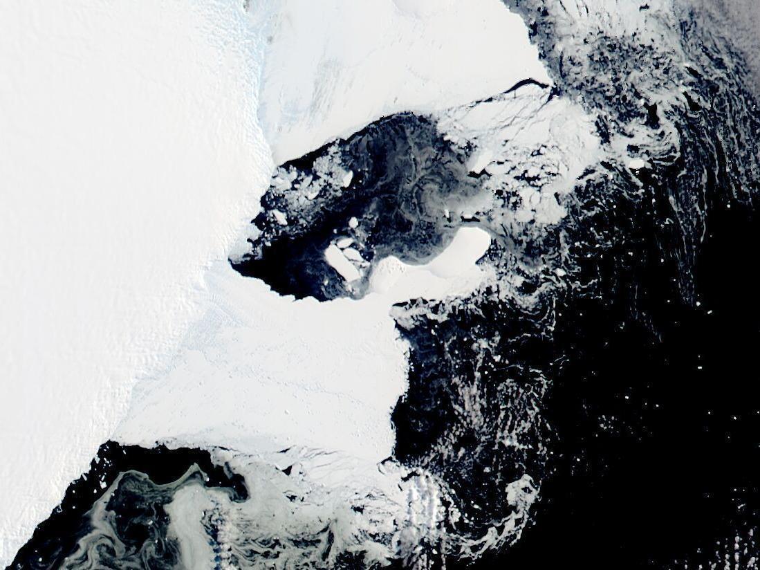 caption: This satellite image shows the main piece of C-37 close to Bowman Island. Scientists are concerned because an ice shelf the size of New York City collapsed in East Antarctica, an area that had long been thought to be stable.