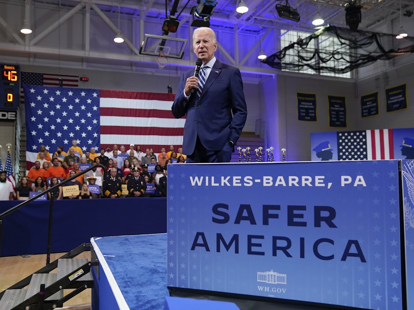 caption: President Biden speaks at the Arnaud C. Marts Center on the campus of Wilkes University in Wilkes-Barre, Pa., on Aug. 30, 2022.