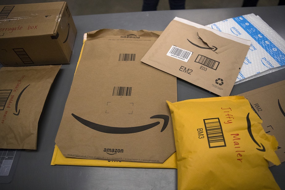 caption: A variety of Amazon packages are shown on Tuesday, October 22, 2019, at an Amazon Packaging Lab in Seattle. 