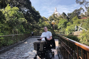 caption: John Morris, here in Bogotá, Colombia, has a website called Wheelchair Travel and hosts a travel podcast.