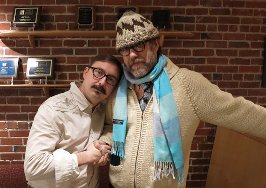 caption: John Hodgman, left, and John Roderick perform Friday night at the Neptune Theatre in the University District.