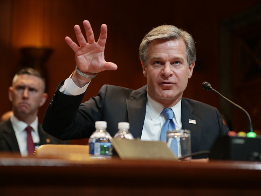 caption: Federal Bureau of Investigation Director Christopher Wray testifies before the Senate Appropriations Committee on the bureau's 2020 budget in the Dirksen Senate Office Building on Capitol Hill May 7, 2019 in Washington, D.C.
