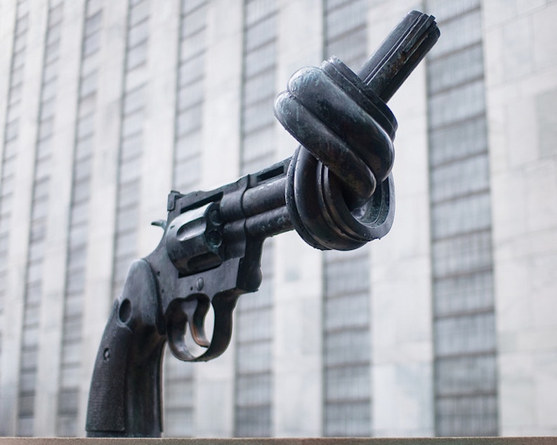 caption: Picture of a sculpture at the United Nations headquarters in New York City taken in 2010.