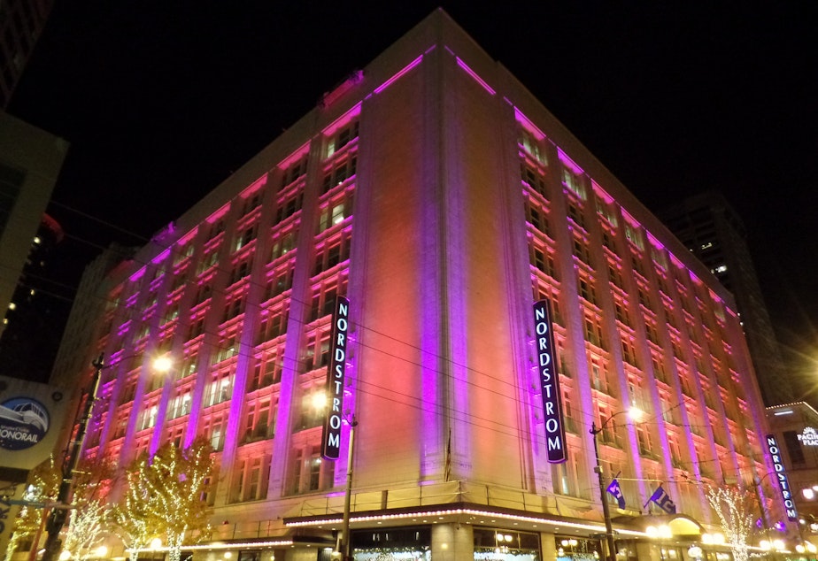caption: Nordstrom in pink, downtown Seattle, November 2014.