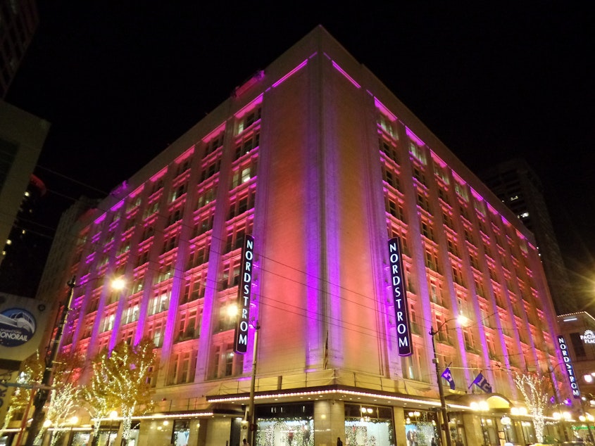 caption: Nordstrom in pink, downtown Seattle, November 2014.
