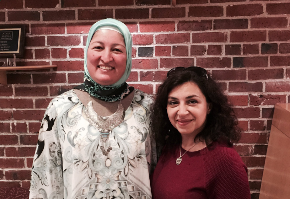 caption: Poets Faiza Sultan and Lena Khalaf Tuffaha at the KUOW studio.