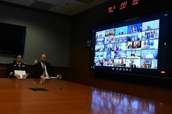 caption: Officials at the Pentagon attend a virtual meeting of more than 50 nations on the war in Ukraine, on March 15.
