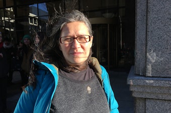 caption: Maru Mora-Villalpando outside the Seattle Immigration Court, following a news conference about her case.