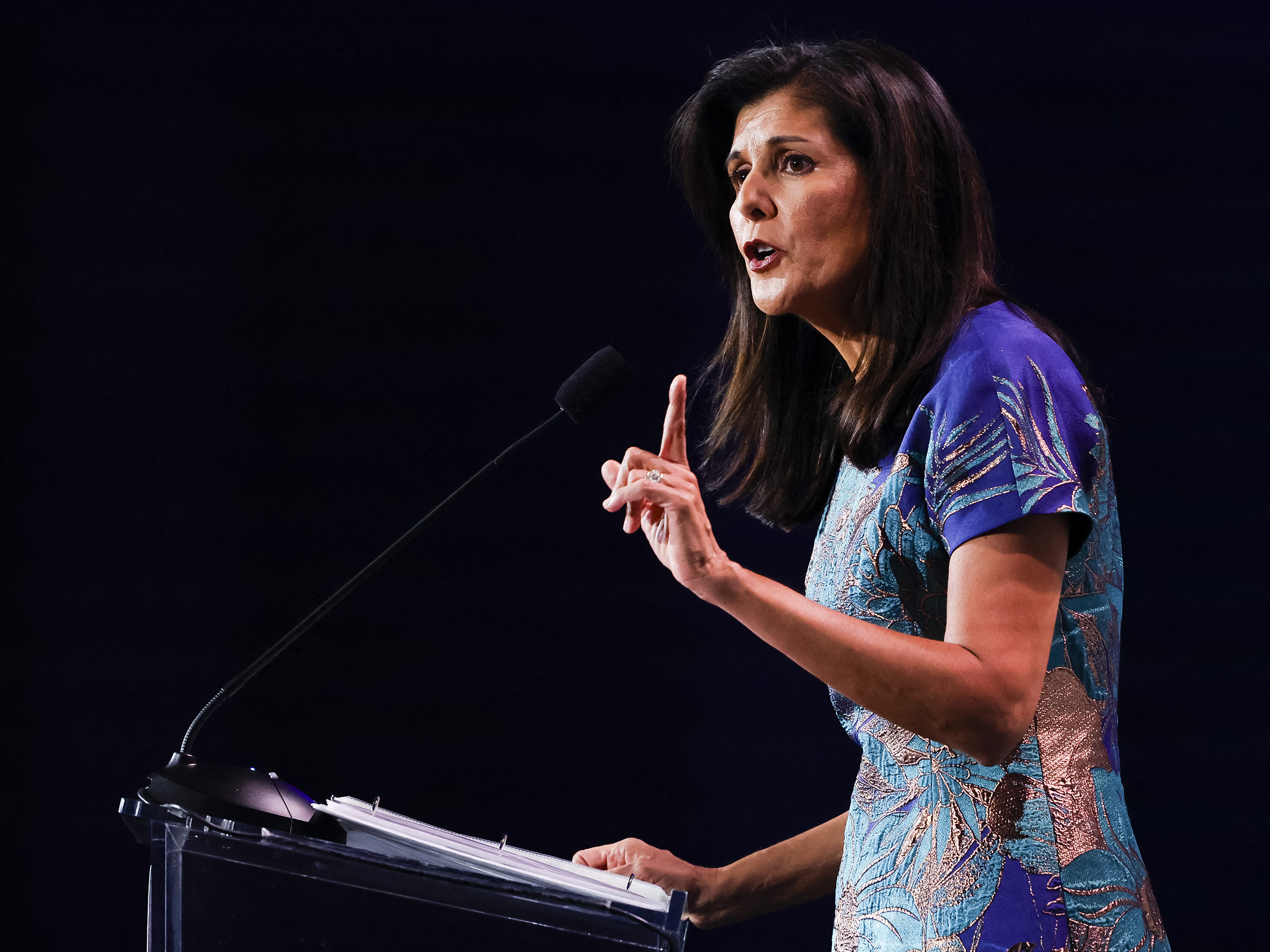 caption: Former South Carolina Republican Gov. Nikki Haley speaks at the Republican Jewish Coalition Annual Leadership Meeting in Las Vegas, Nev., on Nov. 19, 2022.