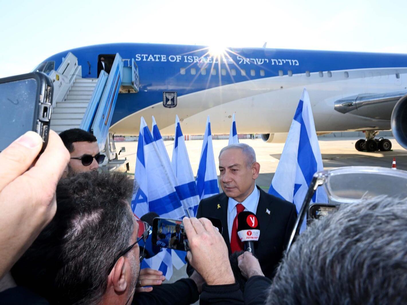 caption: Israeli Prime Minister Benjamin Netanyahu makes statements at Ben Gurion Airport in Tel Aviv, Israel, on Sunday, ahead of his visit to Washington, D.C., where he will meet with President Trump this week.