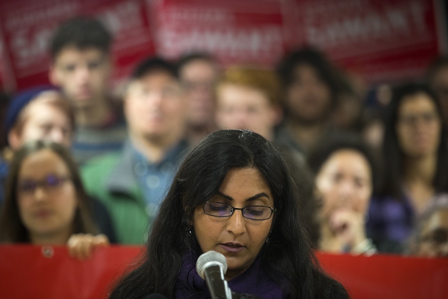 caption: Seattle City Councilmember Kshama Sawant holds a press conference on Saturday, November 9, 2019, at Langston Hughes Performing Arts Institute in Seattle.