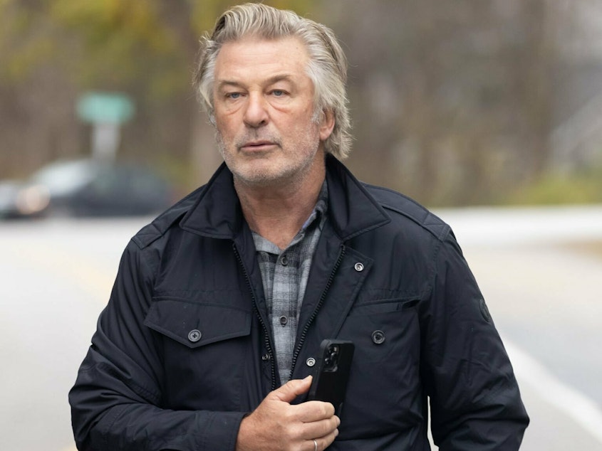caption: Alec Baldwin spoke to reporters in 2021 about the shooting of cinematographer Halyna Hutchins.