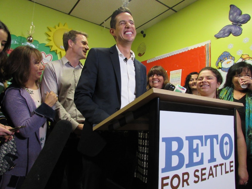 caption: Beto Yarce launched his city council campaign from a preschool on Capitol Hill. He says his business background would be an asset to the council. 