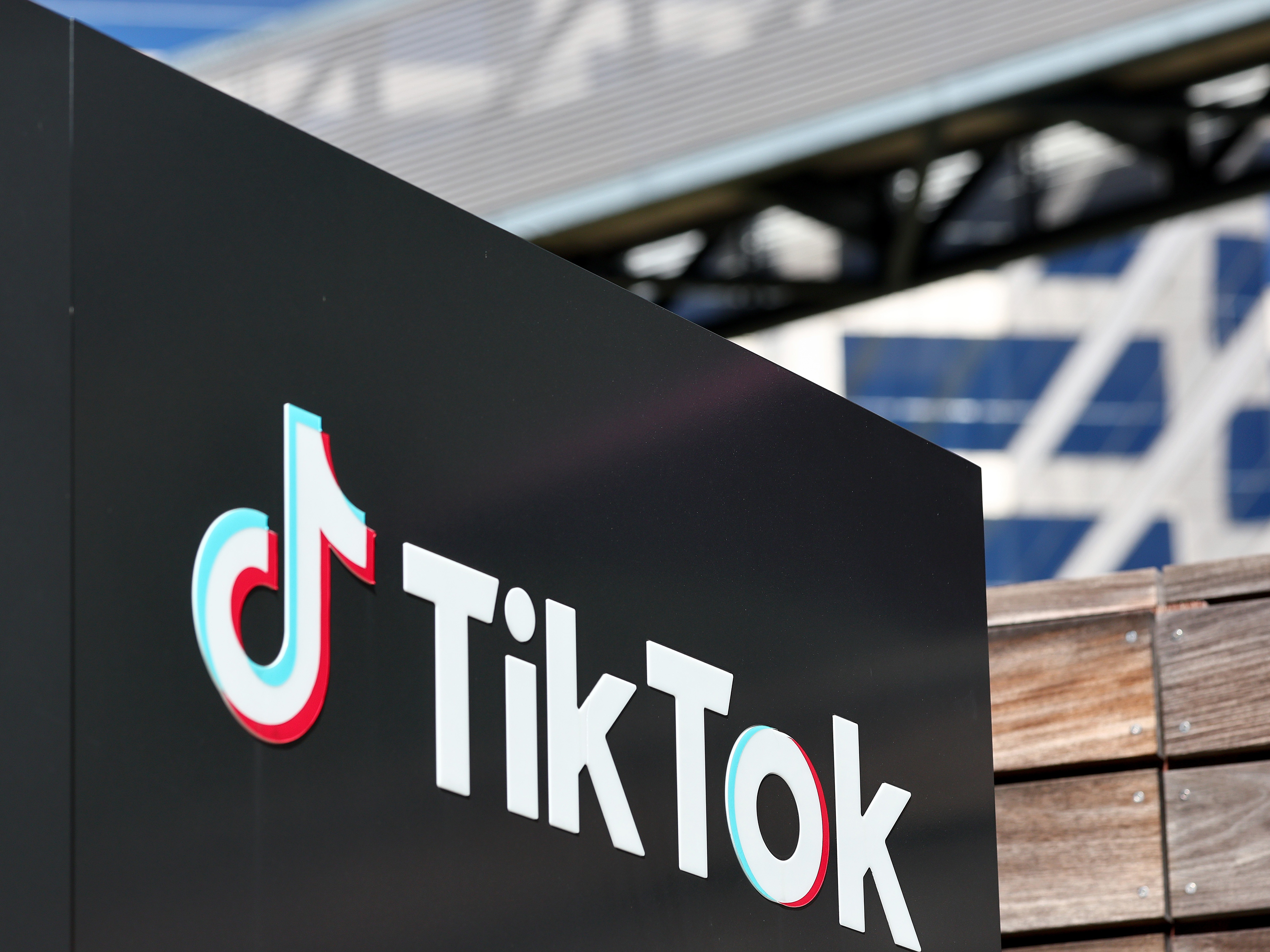 caption: The TikTok logo is displayed outside TikTok offices on March 12, 2024 in Culver City, California.