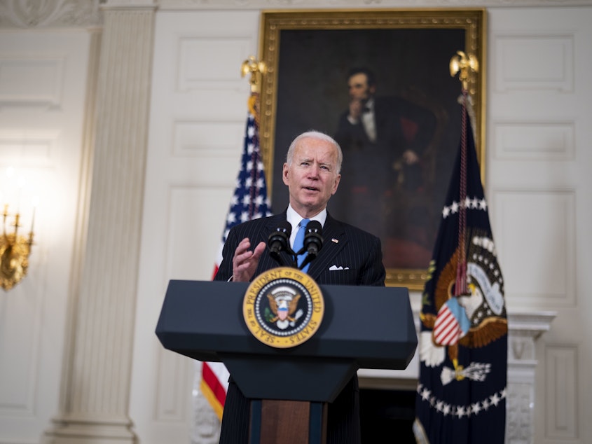 caption: President Biden delivers remarks on the coronavirus crisis on March 2.