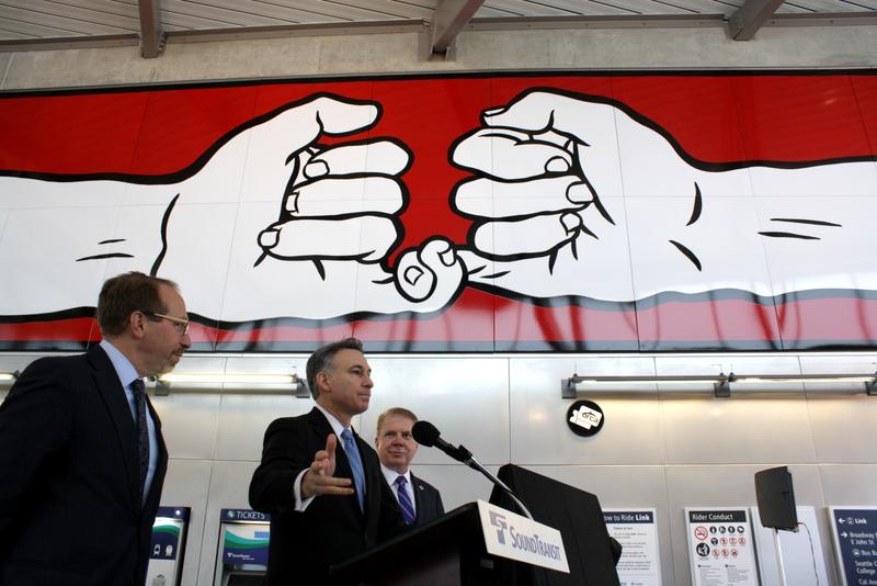 caption: Sound Transit CEO Peter Rogoff, King County Executive Dow Constantine and Seattle Mayor Ed Murray at Capitol Hill’s light rail station.

