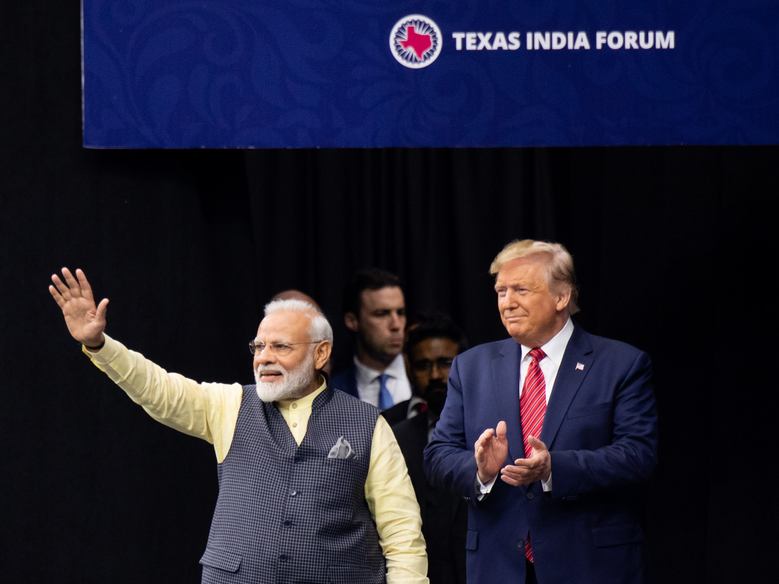 caption: President Trump and Indian Prime Minister Narendra Modi attend "Howdy, Modi!" at NRG Stadium in Houston, Texas, Sept. 22, 2019.