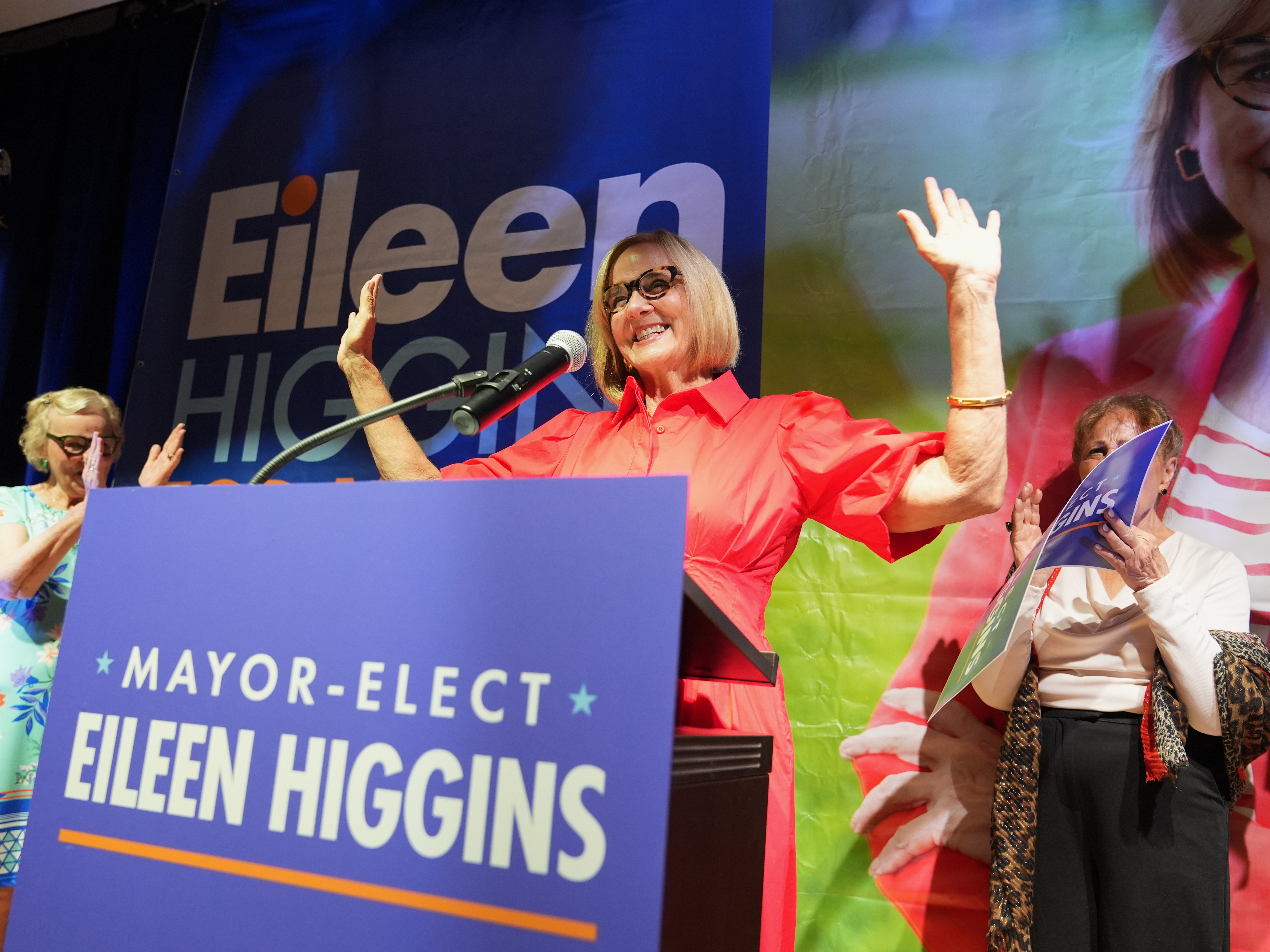 caption: Miami mayor-elect Eileen Higgins celebrates at a watch party after winning the Miami mayoral runoff election, Tuesday, Dec. 9, 2025, in Miami.